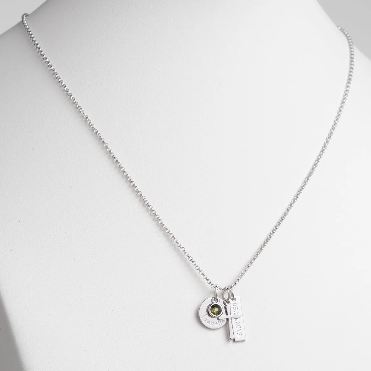 Silver Plated Engraved Name, Date, Birthstone and Cross Cluster Necklace - Image 2