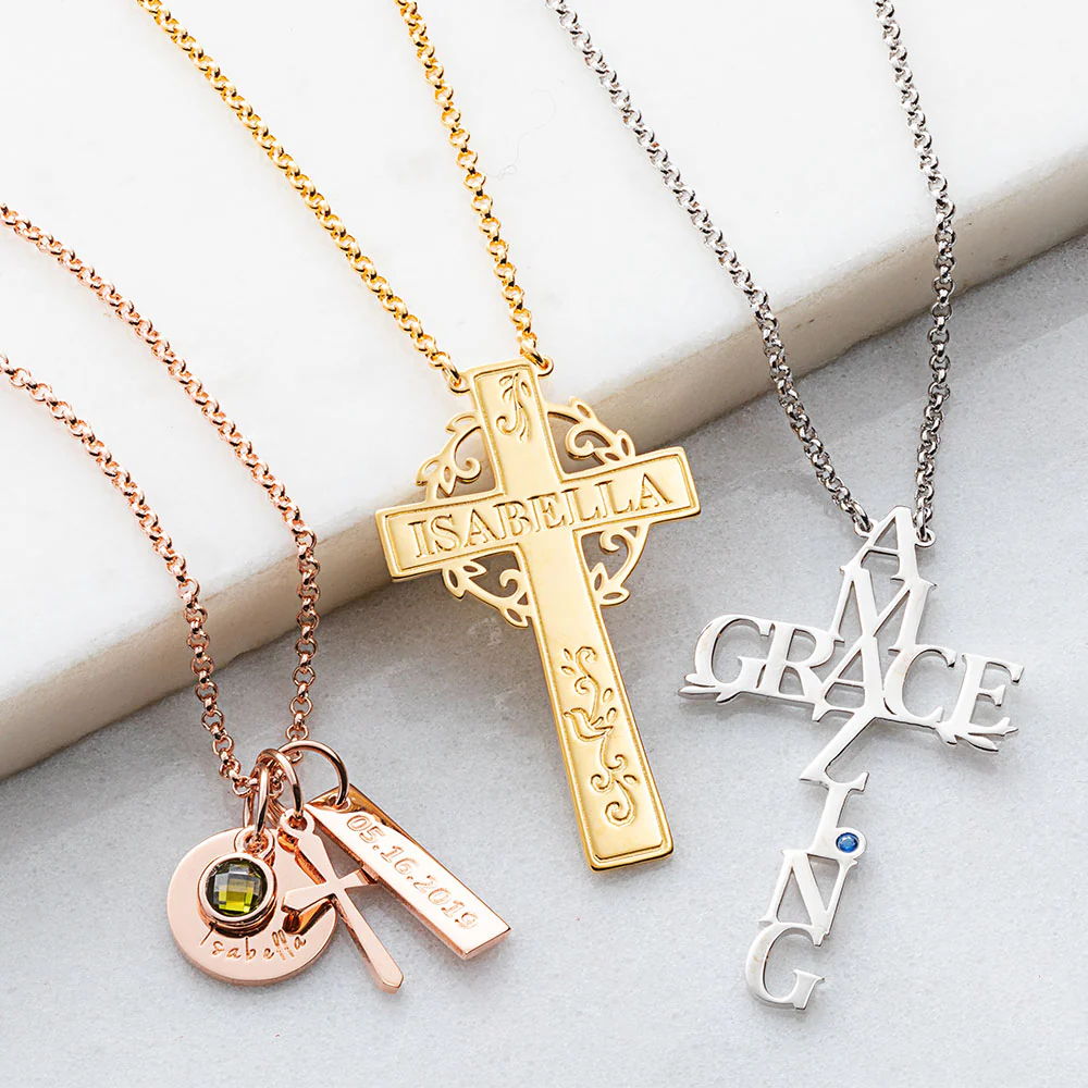 Silver Plated Engraved Name, Date, Birthstone and Cross Cluster Necklace - Image 4