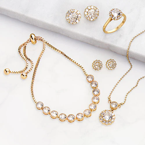Silvertone CZ Halo Earring, Necklace, Bracelet and Ring Set