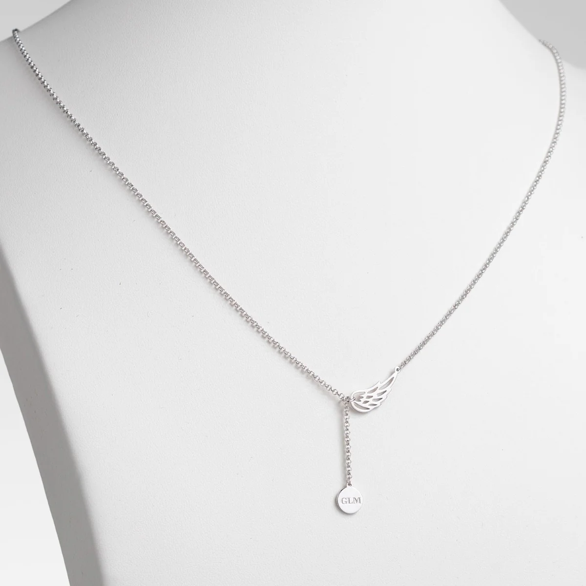 Silver Plated Engraved Initials Disc and Angel Wing Y-Necklace - Image 2