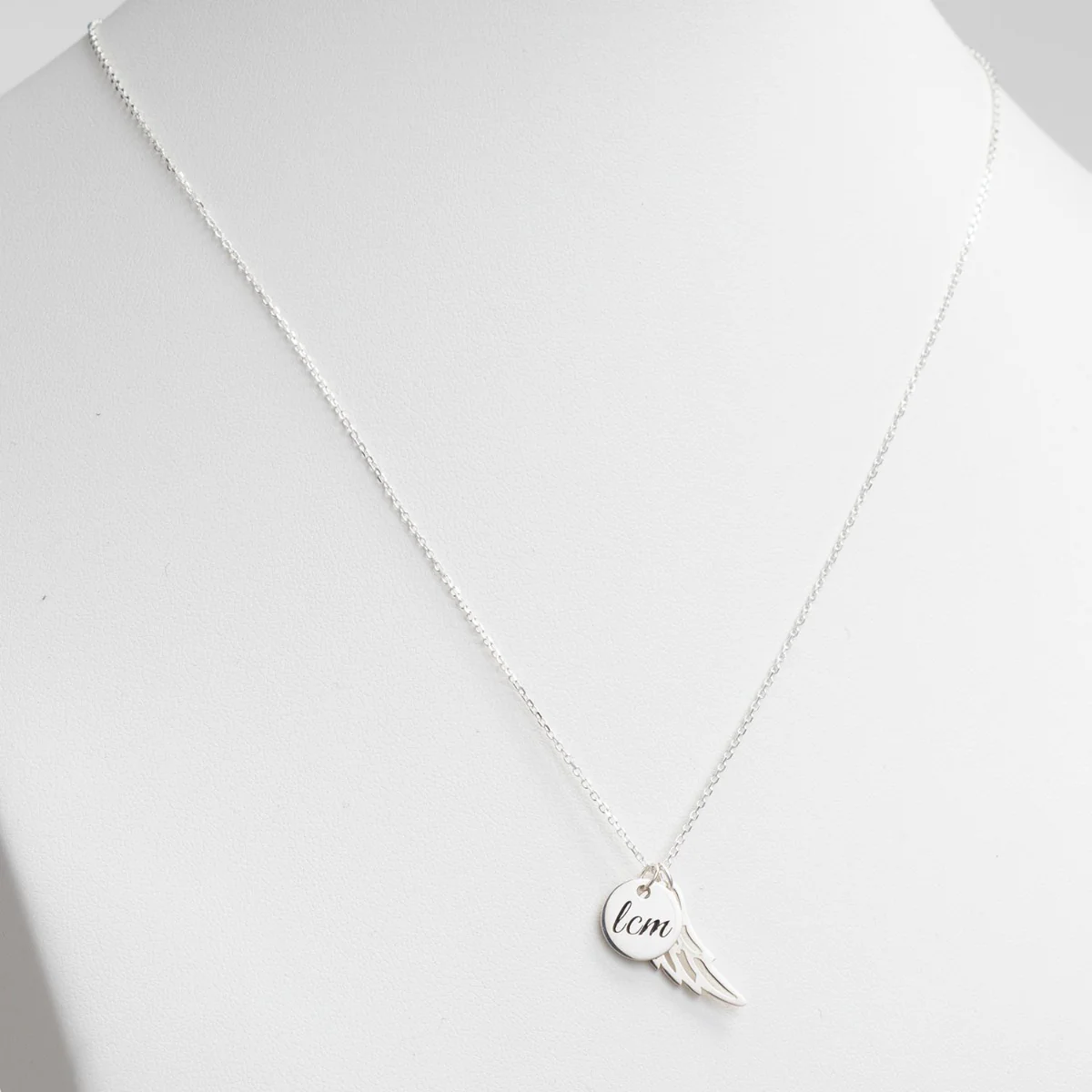 Silver Plated Engraved Initials Disc with Angel Wing Necklace - Image 2