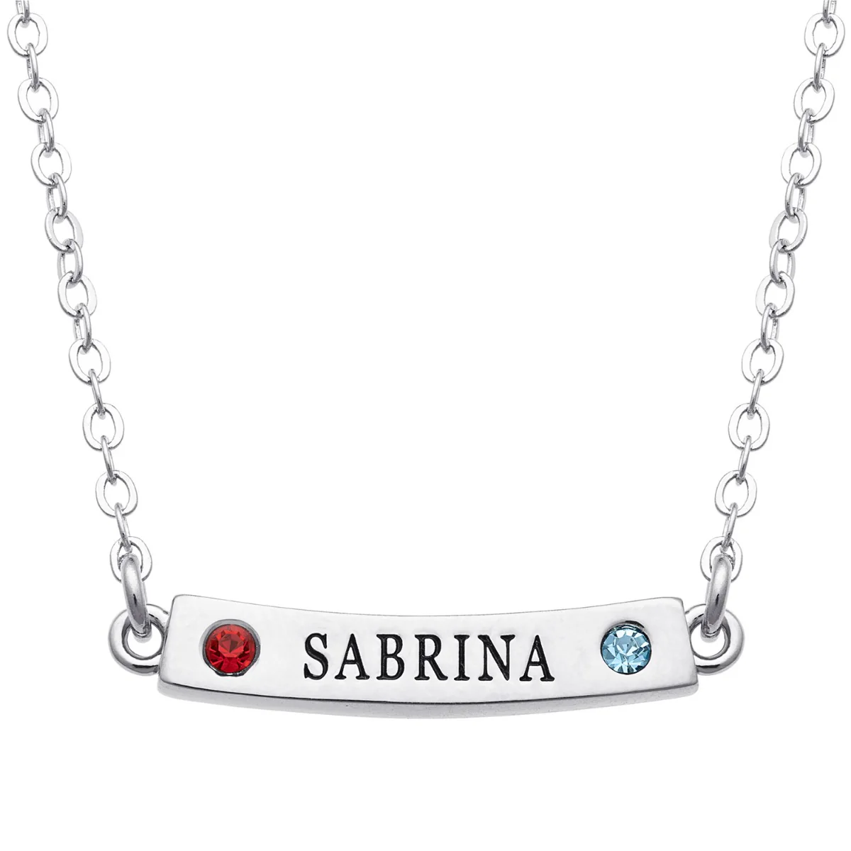 Silver Plated Engraved Name and Birthstone Curved Bar Necklace