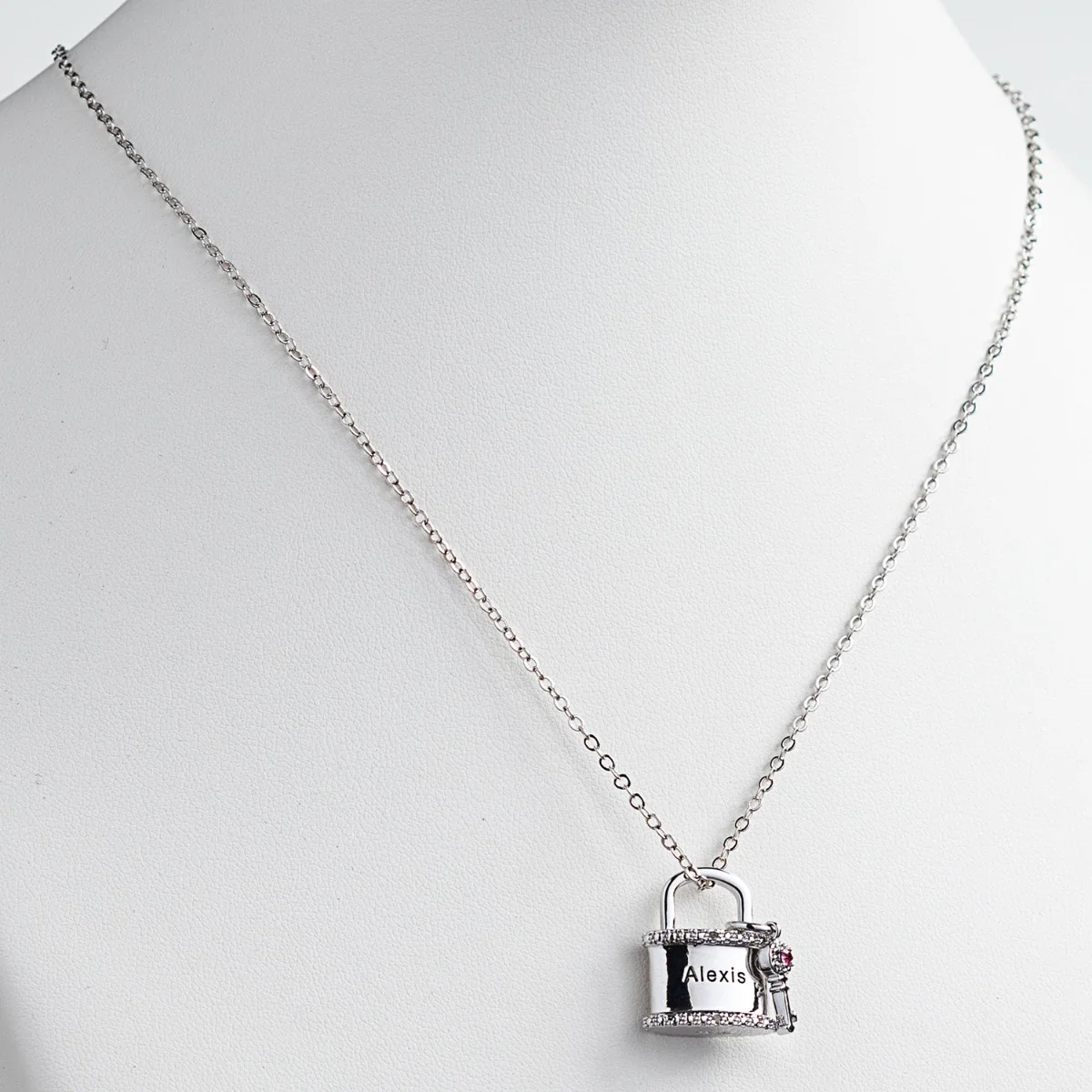 Silver Plated Engraved Name and Birthstone Diamond Accent Lock and Key Necklace - Image 2