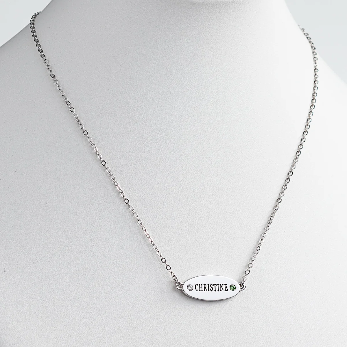 Silver Plated Engraved Name and Birthstone Oval Plaque Necklace - Image 2