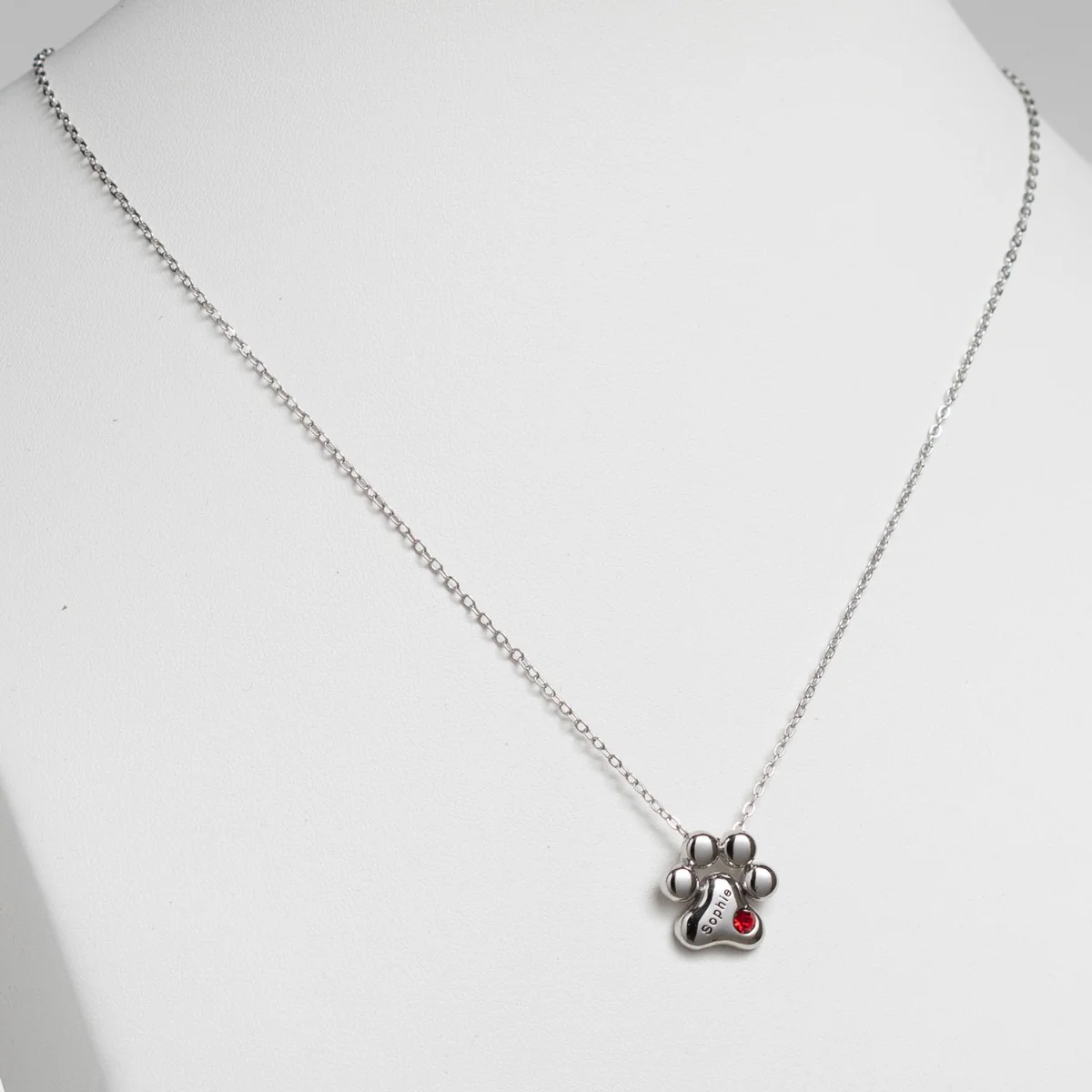 Silver Plated Engraved Name and Birthstone Paw Print Necklace - Image 2