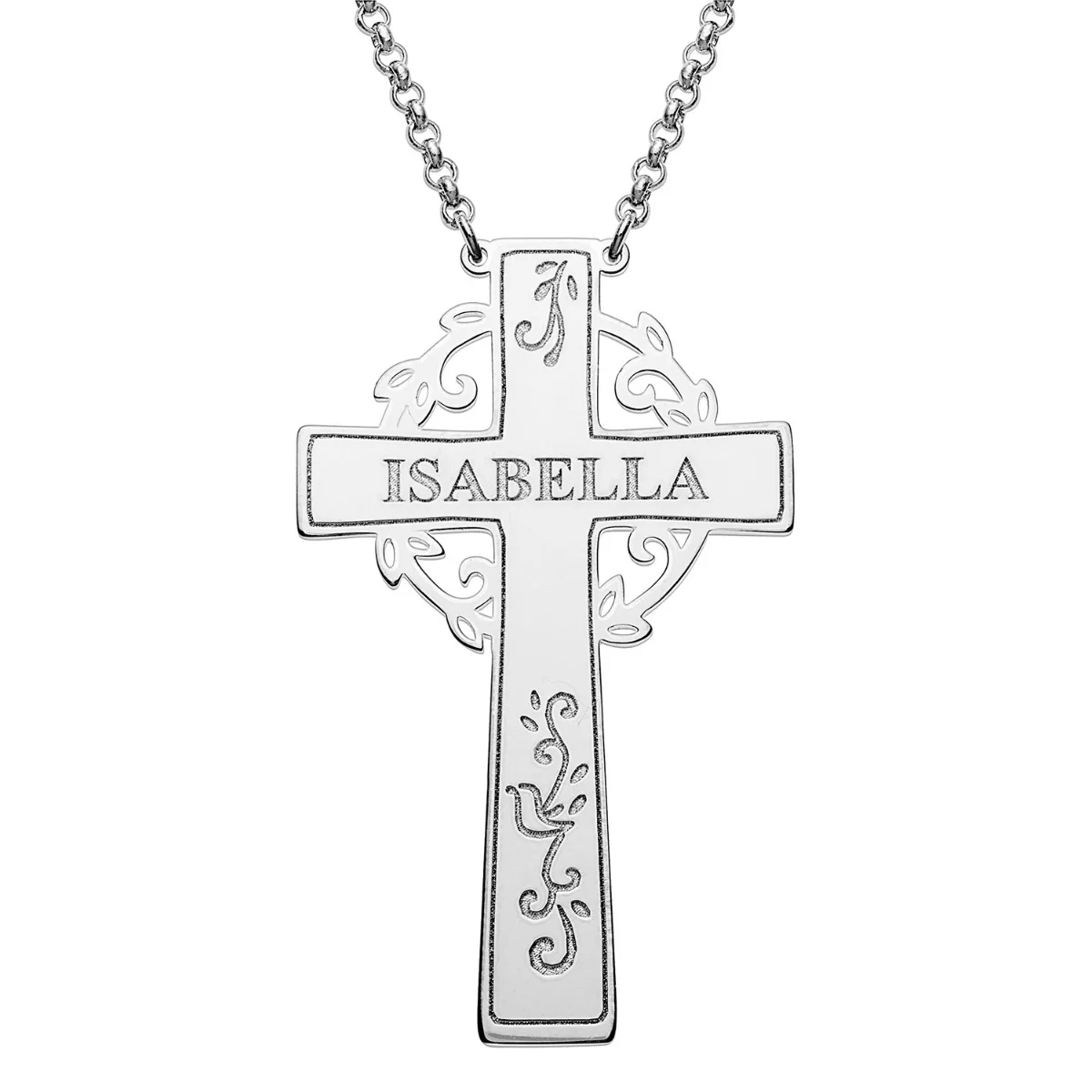 Silver Plated Engraved Name Cross with Vines Necklace