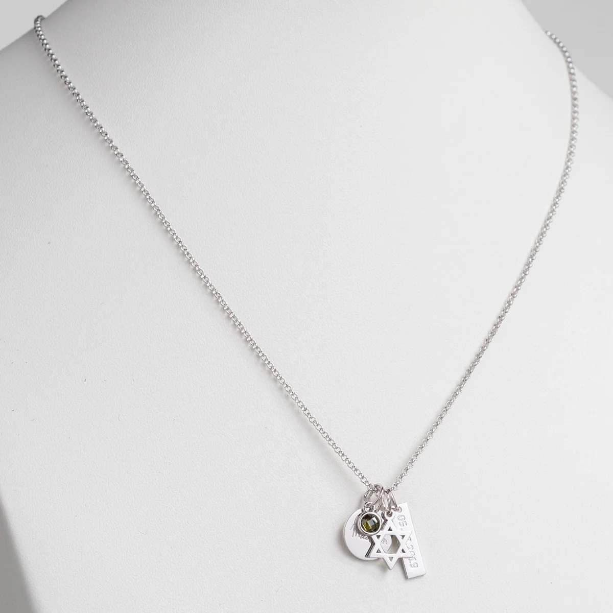 Silver Plated Engraved Name, Date, Birthstone and Star of David Cluster Necklace - Image 2