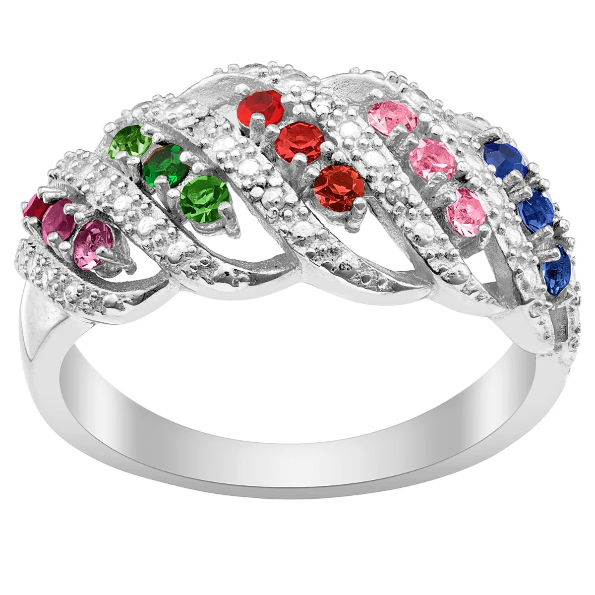 Silver Plated Family Birthstone Swirl with Diamond Accent Ring