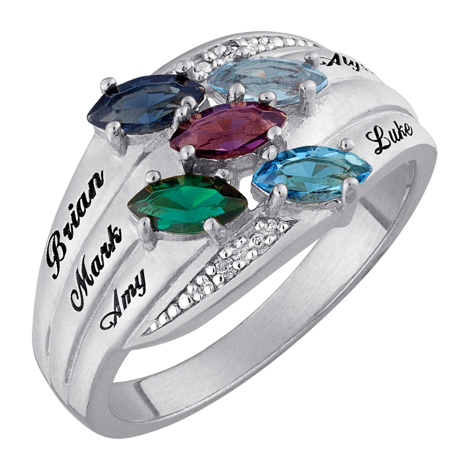 Silver Plated Family Name & Marquise Birthstone Ring with Genuine Diamond - Image 2