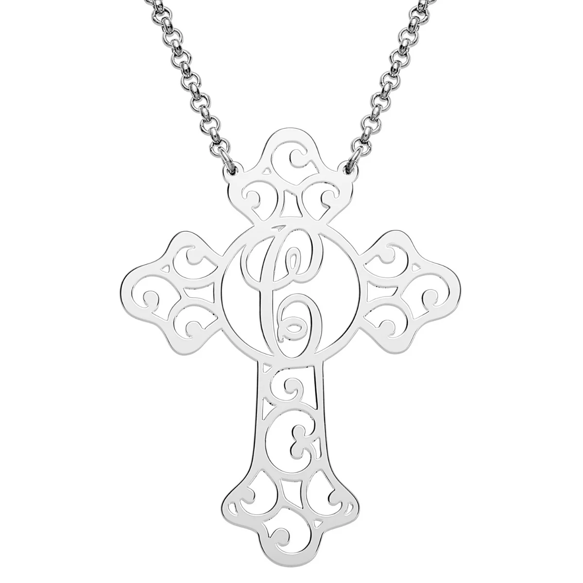 Silver Plated Filigree Cross with Initial Necklace