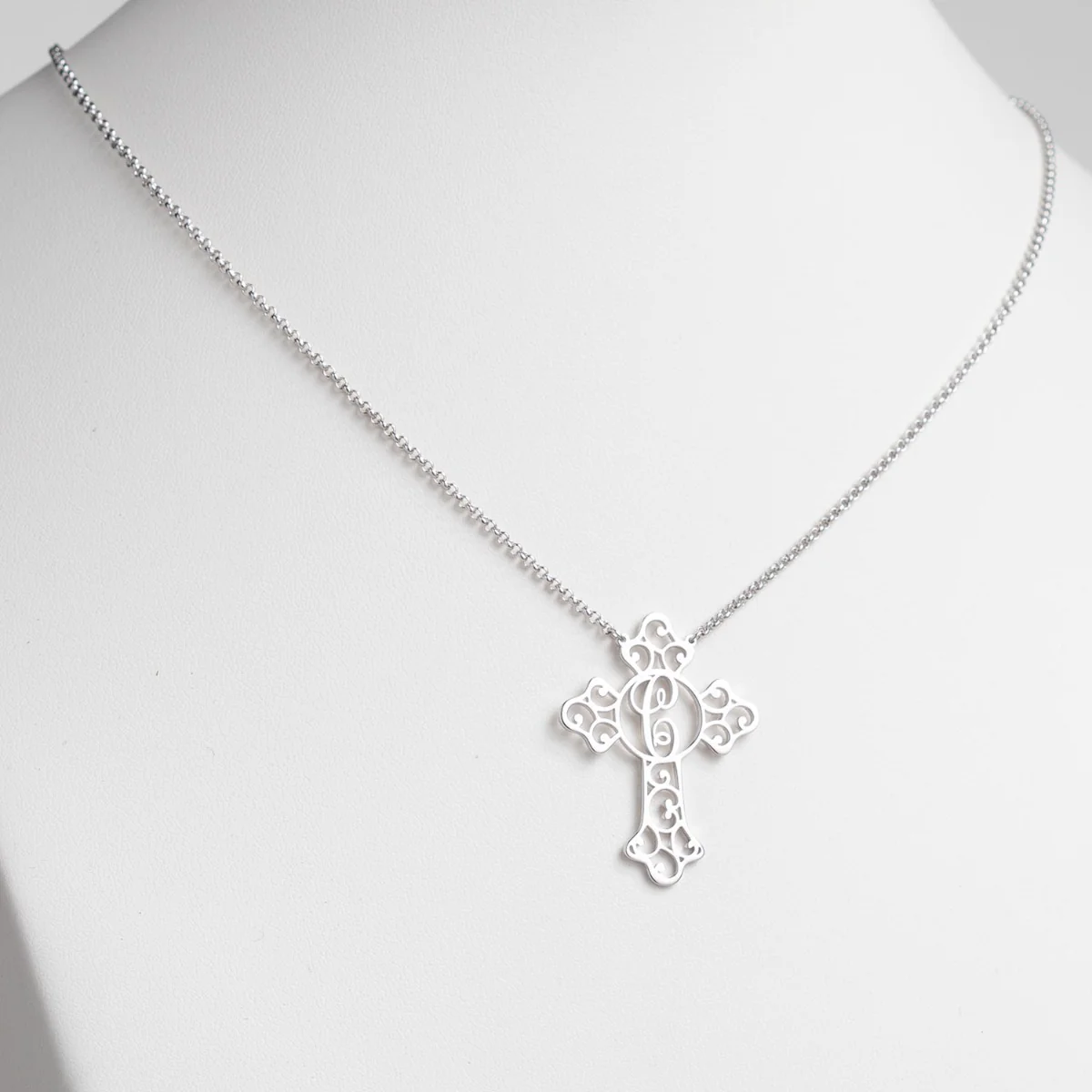 Silver Plated Filigree Cross with Initial Necklace - Image 2