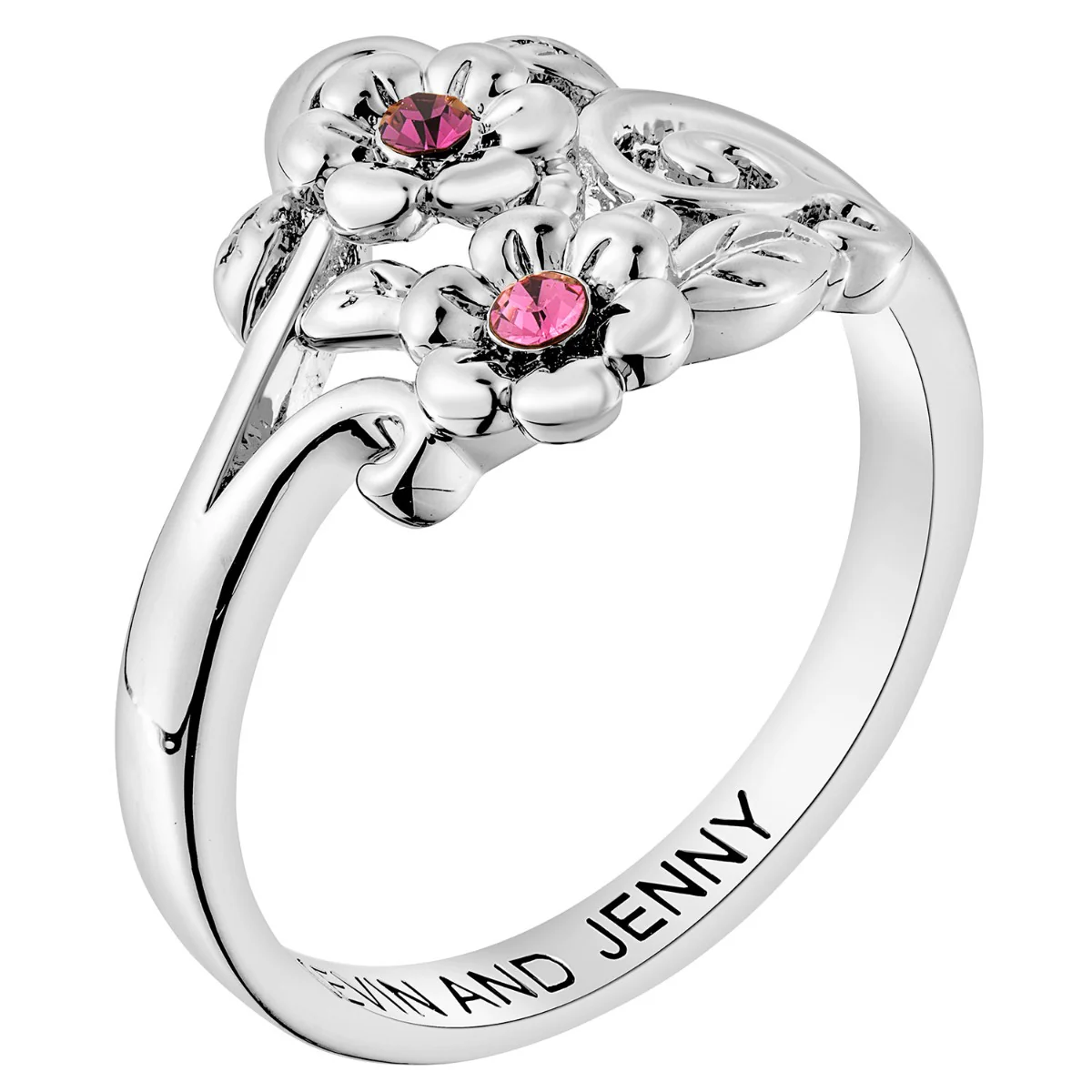 Silver Plated Flower Birthstone Couple Ring - Image 2
