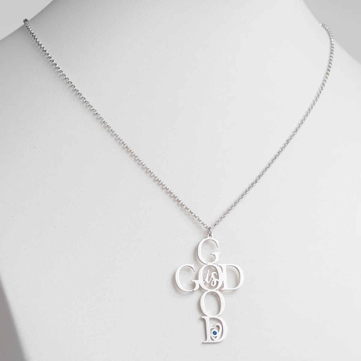 Silver Plated God is Good Cross with Birthstone Necklace - Image 2