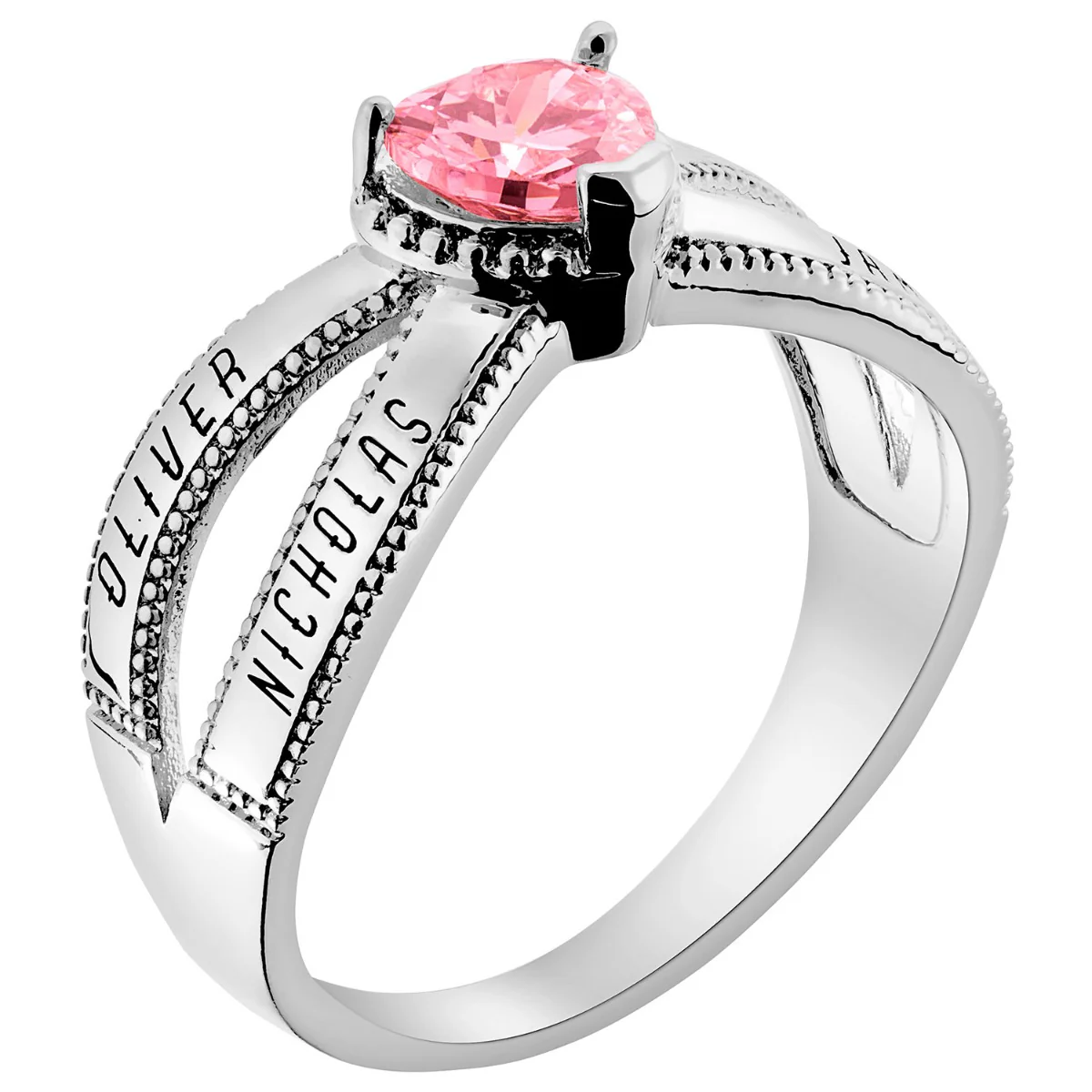 Silver Plated Mother's Heart Birthstone Family Name Ring - Image 2