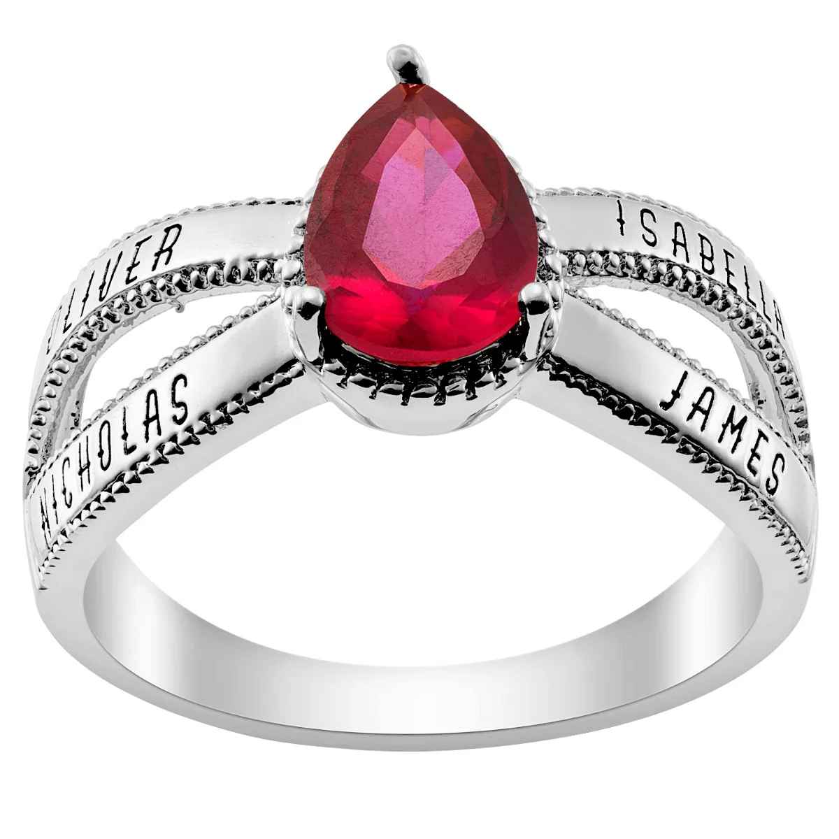 Silver Plated Mother's Pear Birthstone Family Name Ring