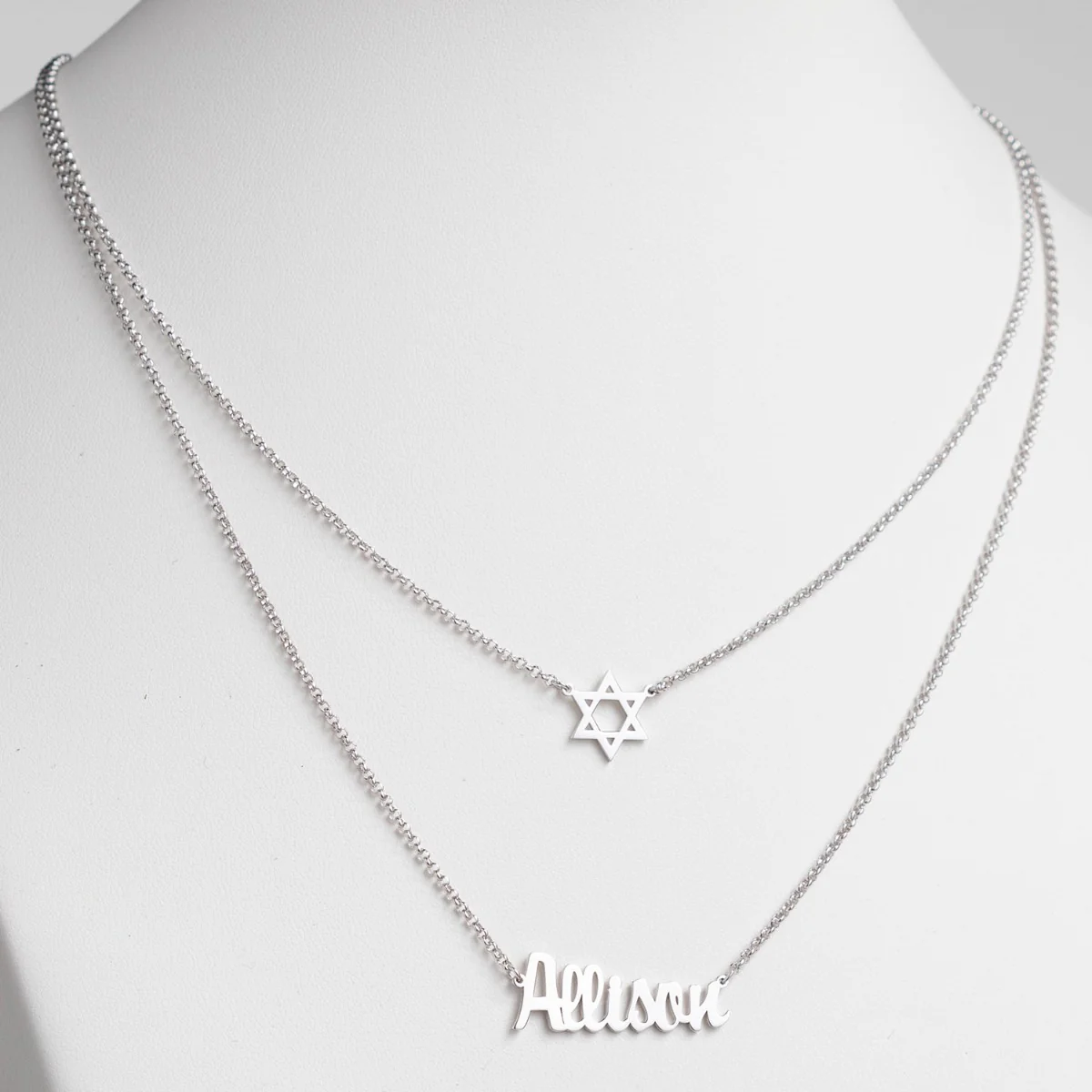 Silver Plated Name and Star of David Layered Double Necklace - Image 2