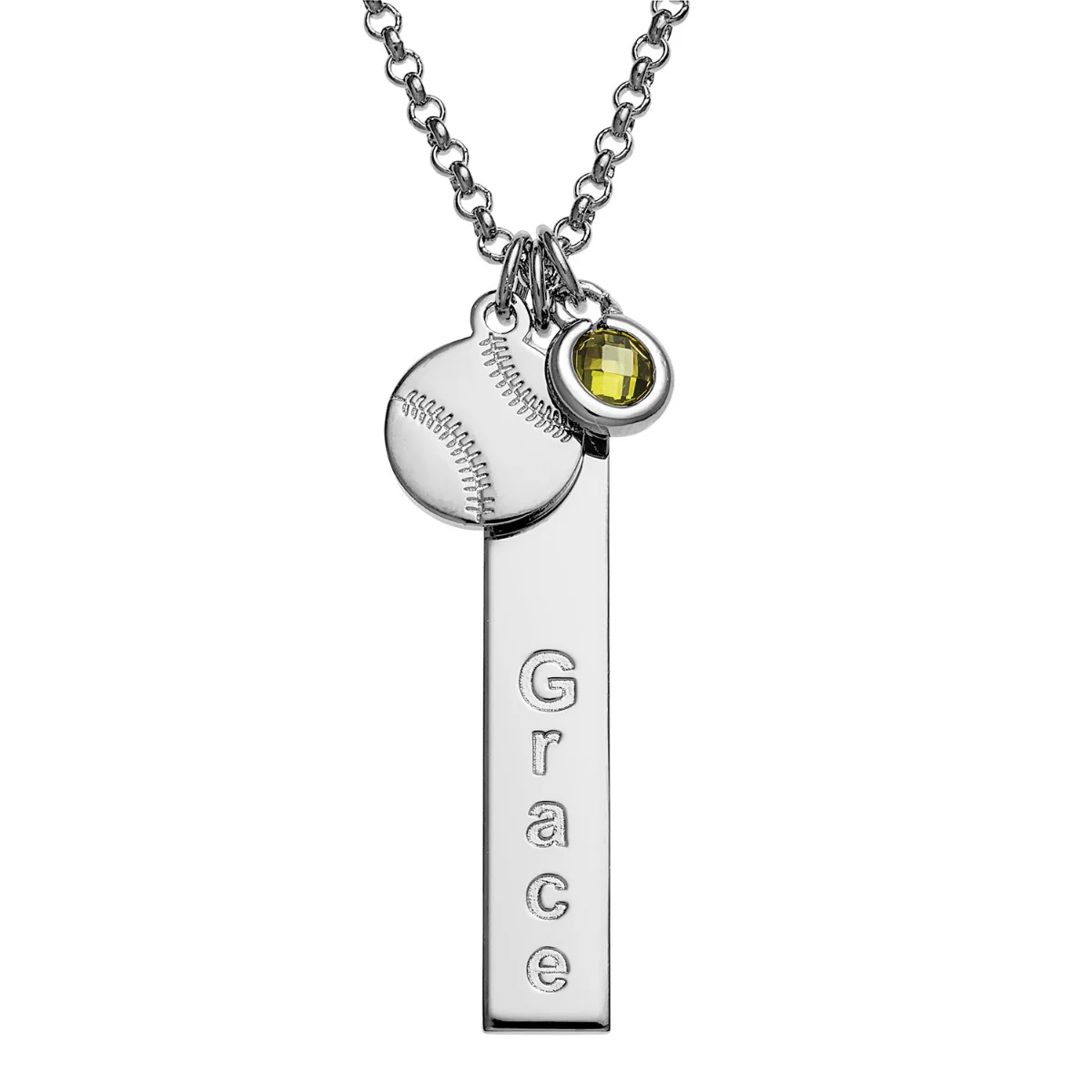 Silver Plated Name Necklace with Baseball Charm and Birthstone Dangle - Image 4