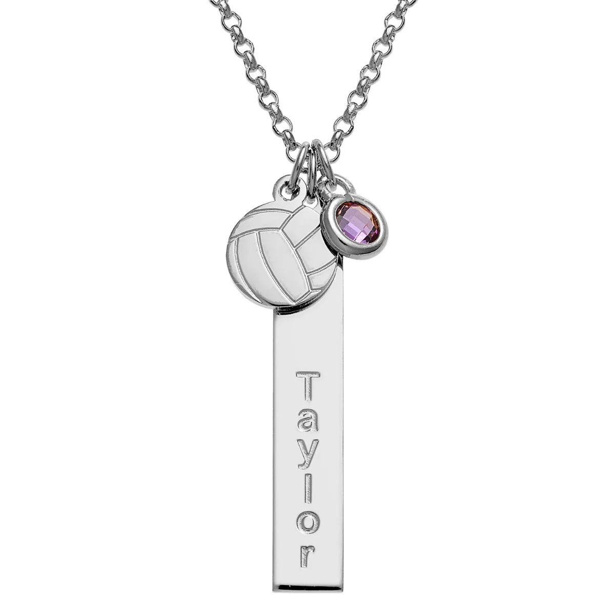 Silver Plated Name Necklace with Volleyball Charm and Birthstone Dangle - Image 4