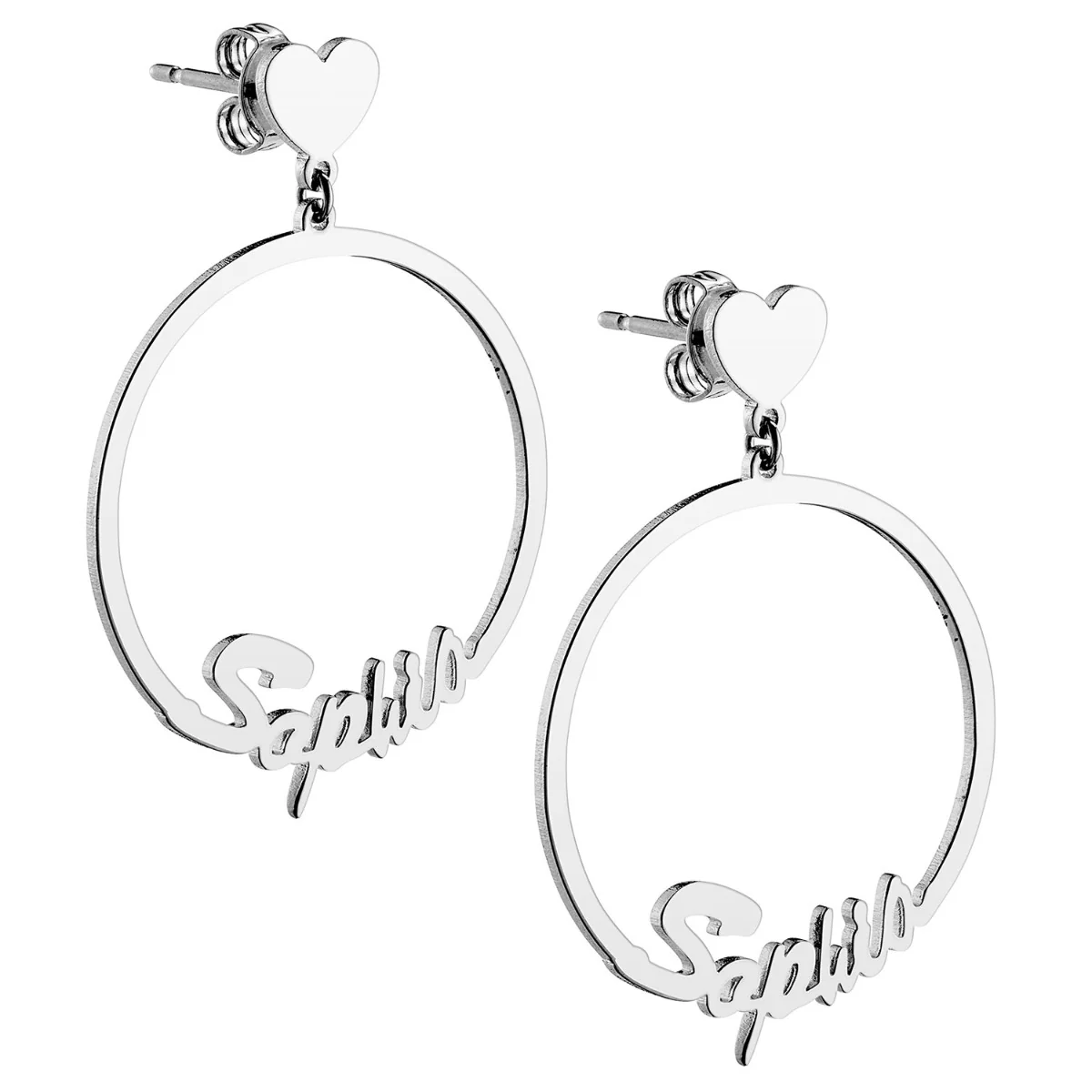 Silver Plated Script Name with Heart Dangle Earrings - Image 3