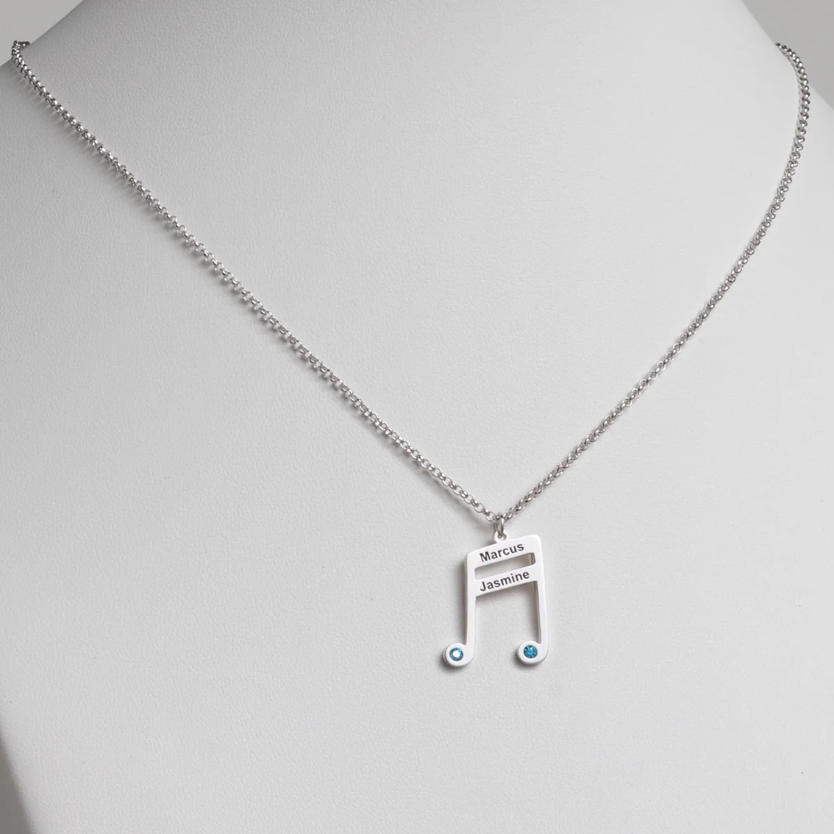 Silver Plated Sixteenth Note Couple Name and Birthstone Necklace