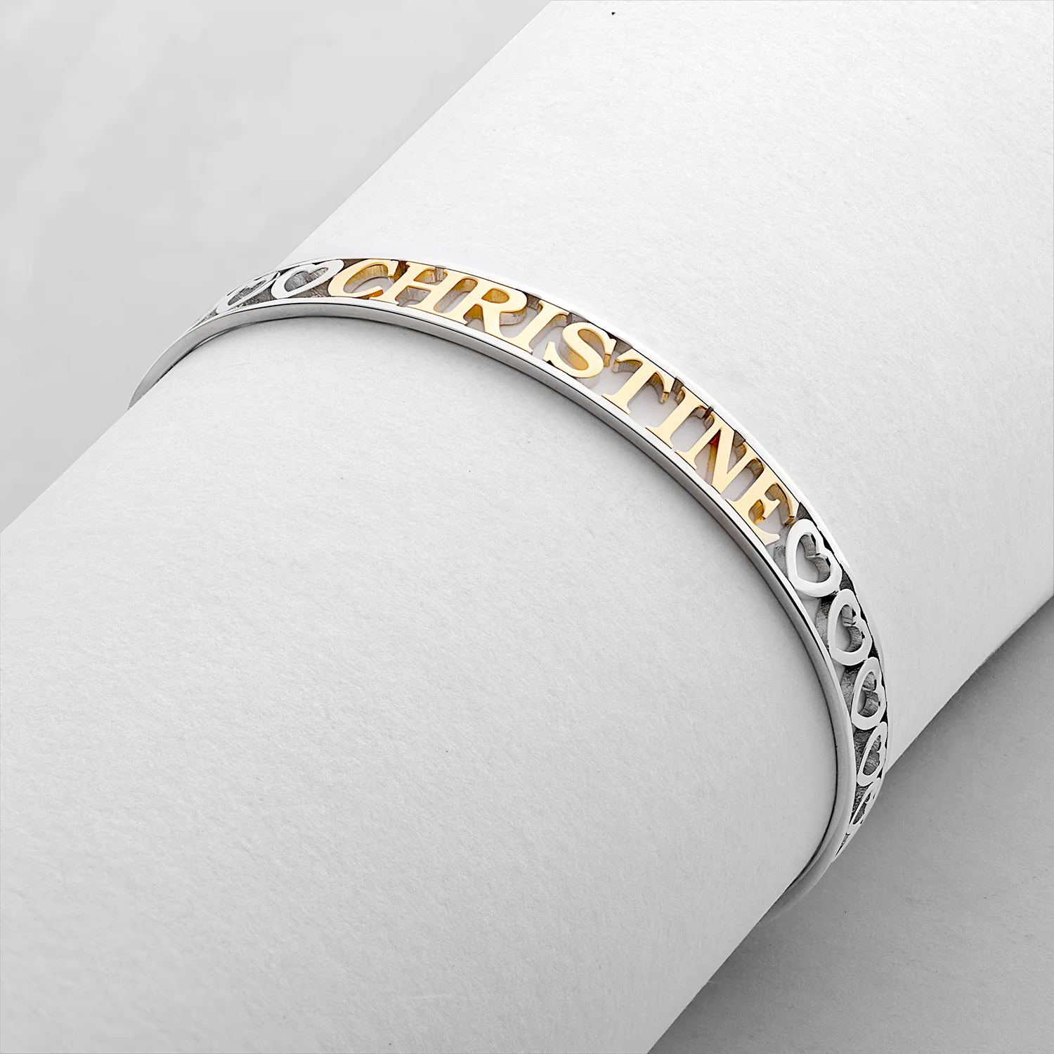 Slim Two-Tone Name with Hearts Cuff Bracelet - Image 2