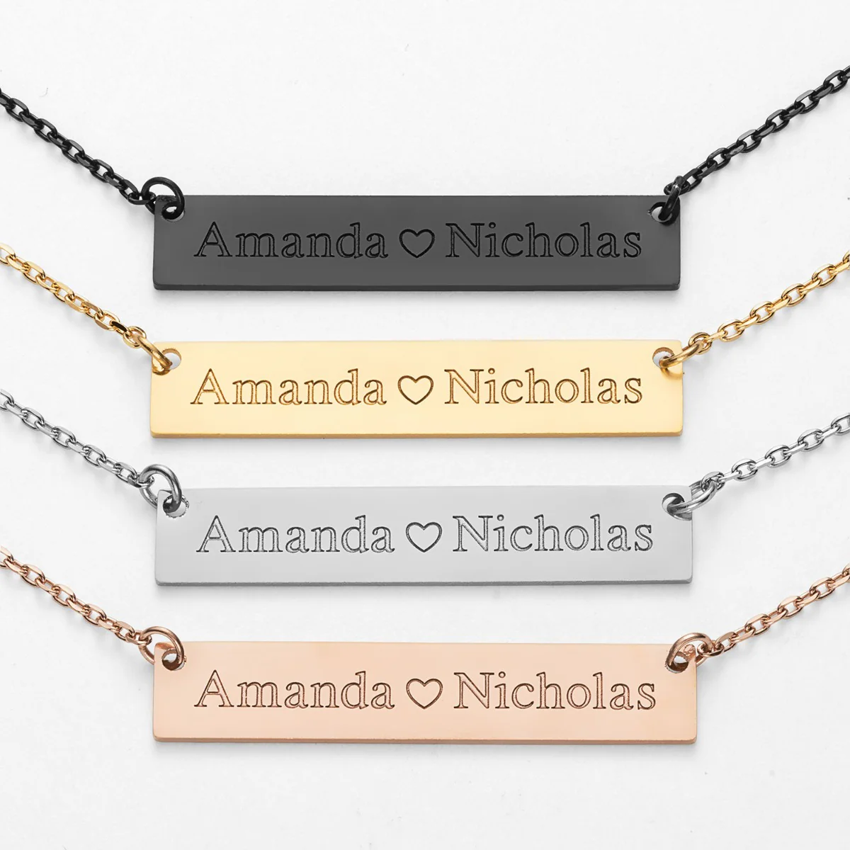 Stainless Steel Double Name with Heart Bar Necklace