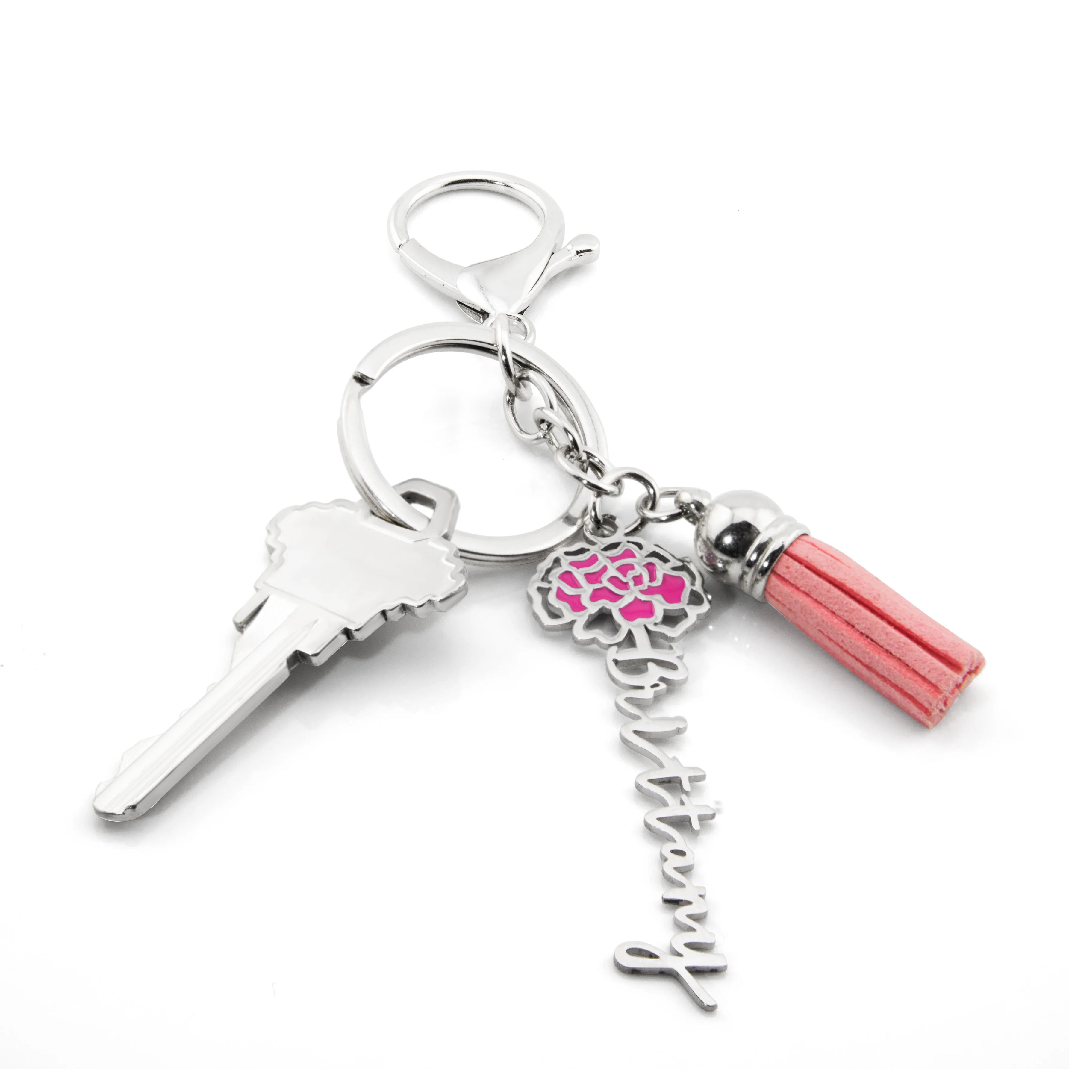 Stainless Steel Enamel Birth Month Flower Script Name and Tassle Keychain - Image 3