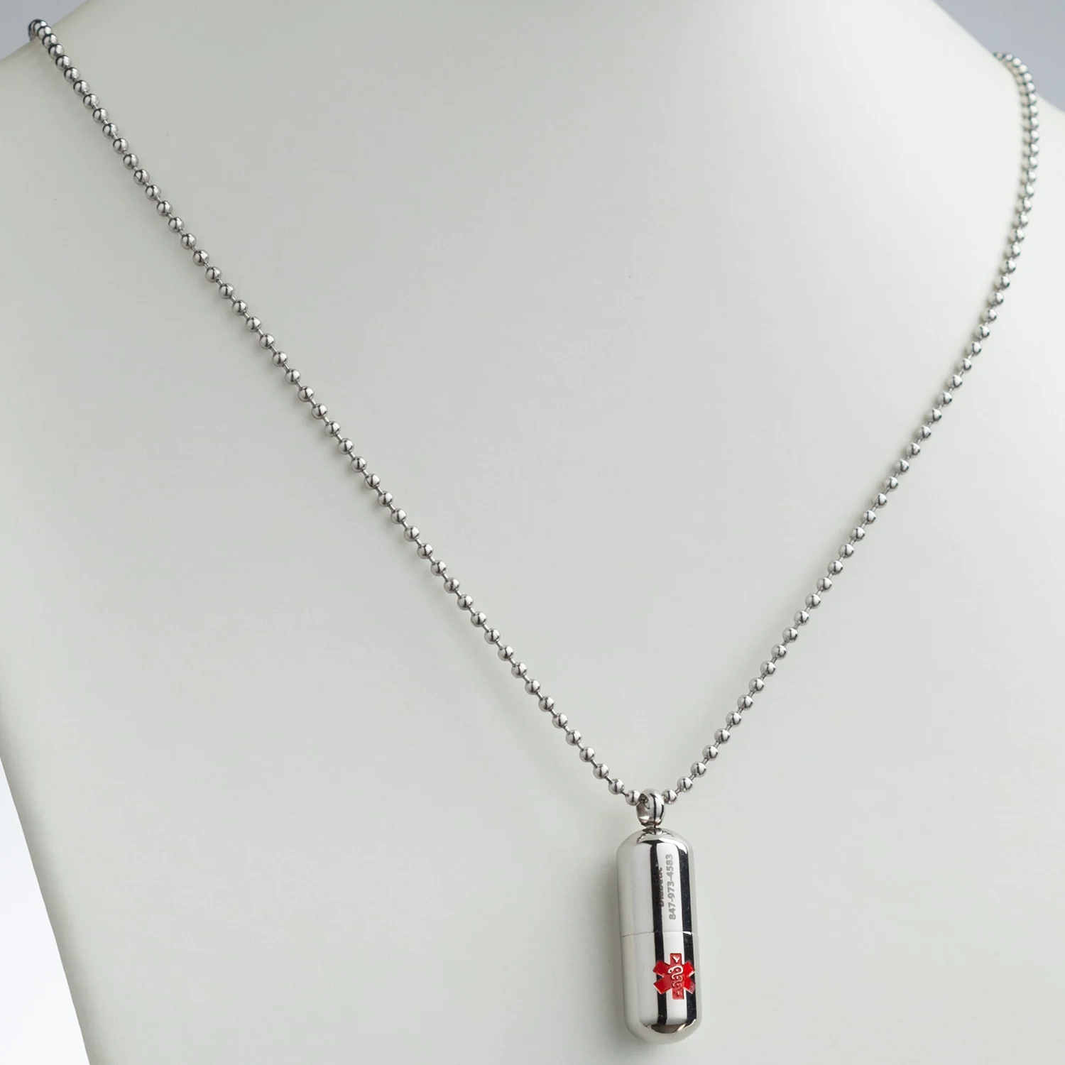 Stainless Steel Engraved Medical ID Round Capsule Pendant - Image 2