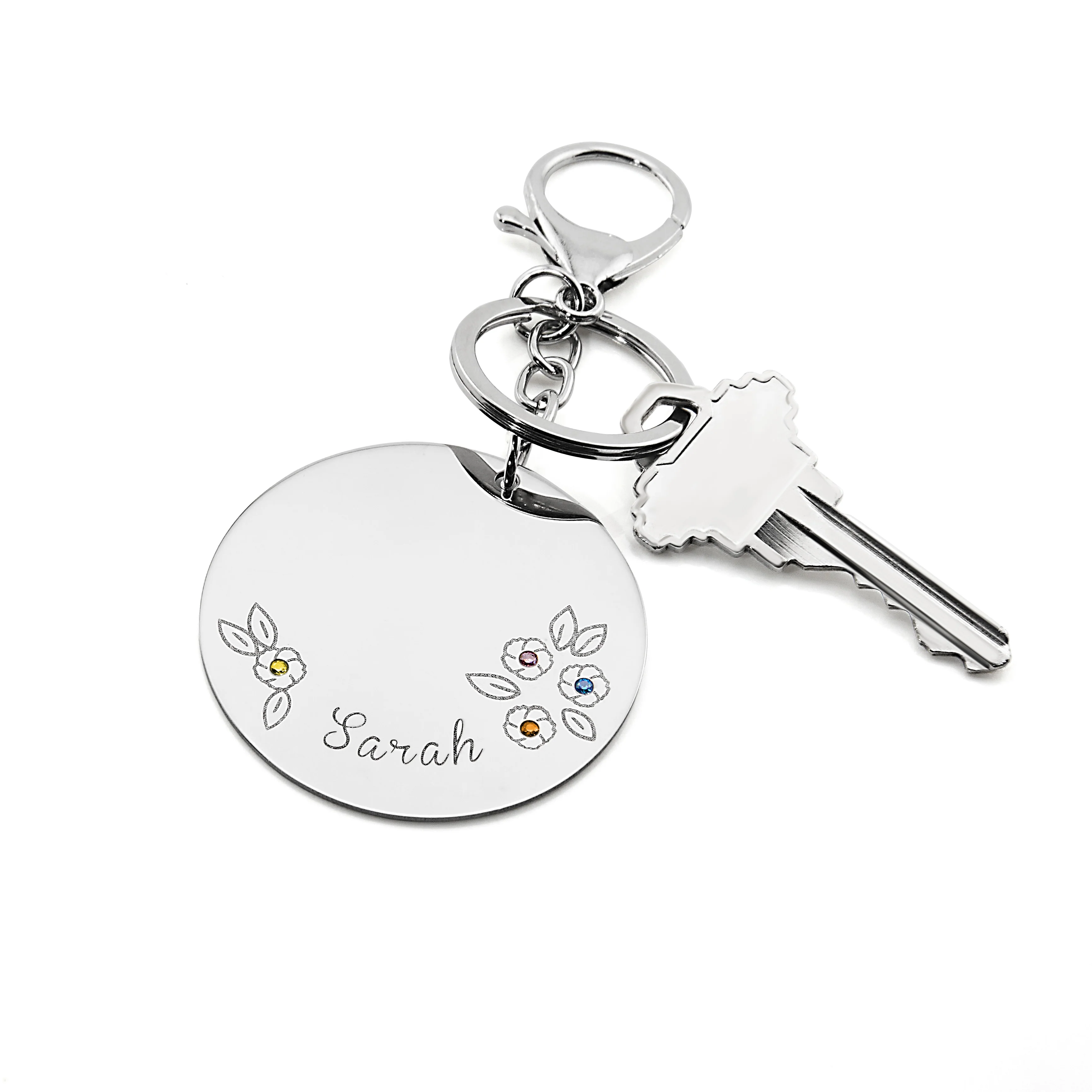 Stainless Steel Engraved Name and Birthstone Flowers Circle Keychain - Image 3