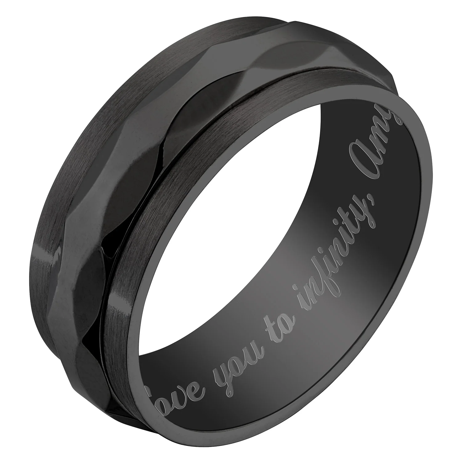 Stainless Steel Men's Engraved Black Faceted Spinner Band - Image 2