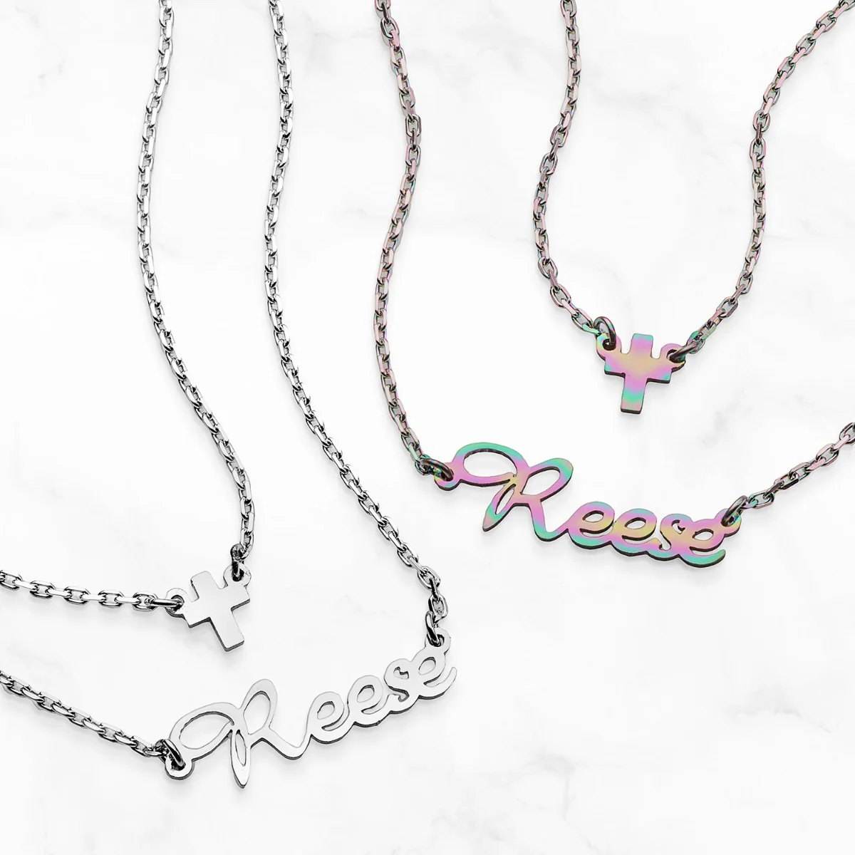 Stainless Steel Mini Name and Cross Layered Double Necklace