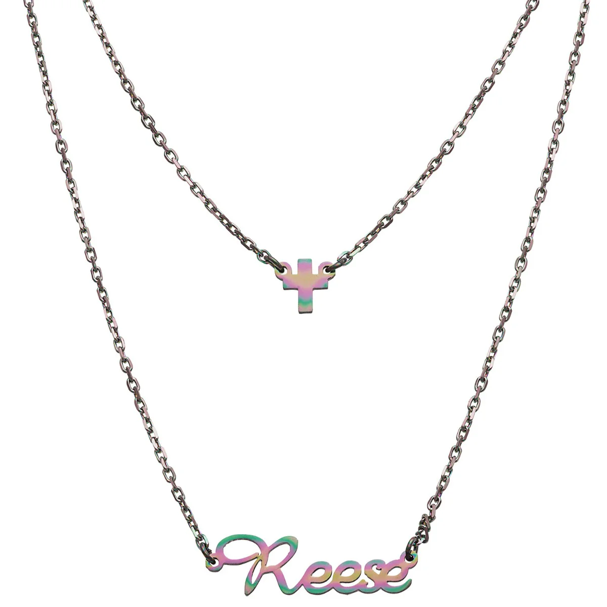 Stainless Steel Mini Name and Cross Layered Double Necklace - Image 8