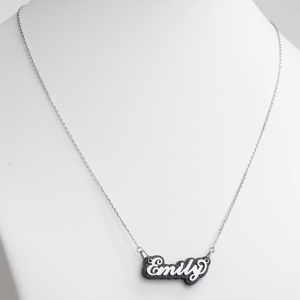Stainless Steel Name On Glittery Black Plaque Necklace - Image 4
