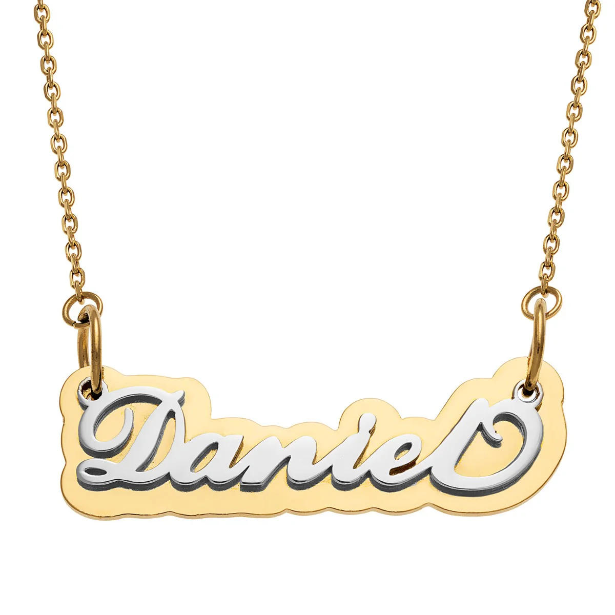 Silver Stainless Steel Name on Mirrored Gold Plaque Necklace