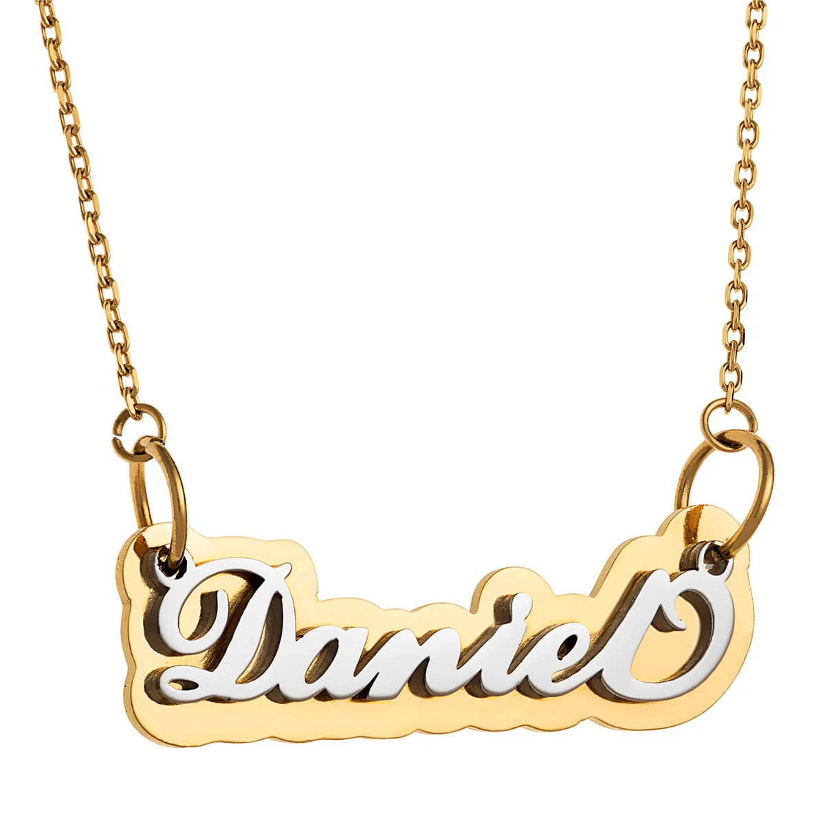 Silver Stainless Steel Name on Mirrored Gold Plaque Necklace - Image 2