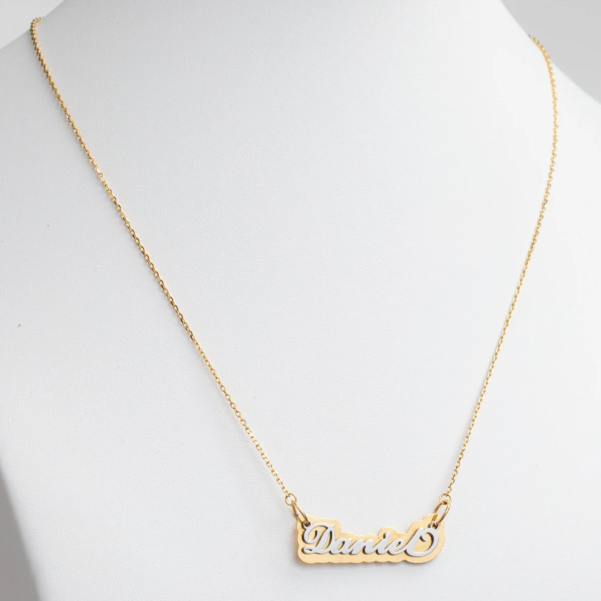 Silver Stainless Steel Name on Mirrored Gold Plaque Necklace - Image 3