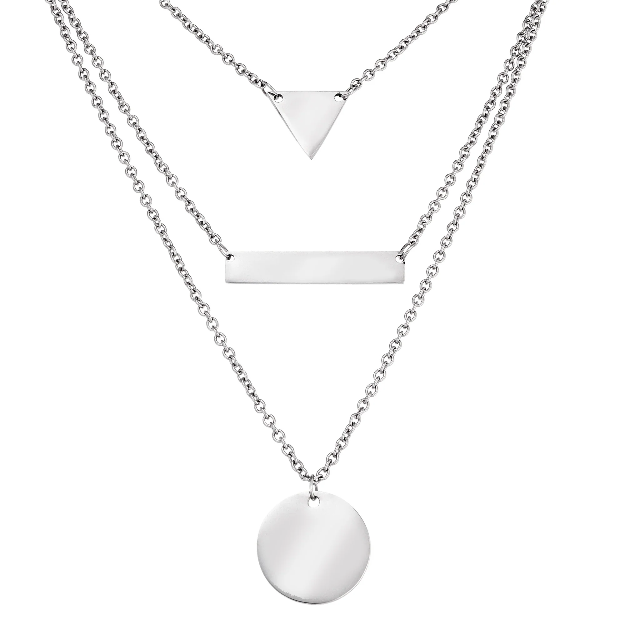 Stainless Steel Triangle, Bar & Disc Triple Layered Necklace