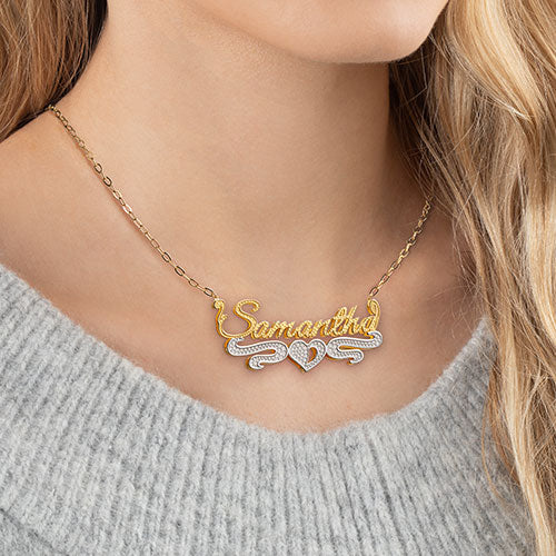 Personalized Sterling Silver 2 Tone Double Nameplate Beaded Necklace - Image 2