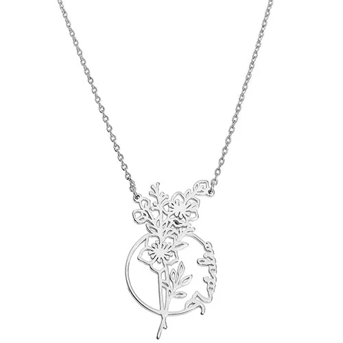 Sterling Silver Birthmonth Flower and Name Circle Necklace - Image 2