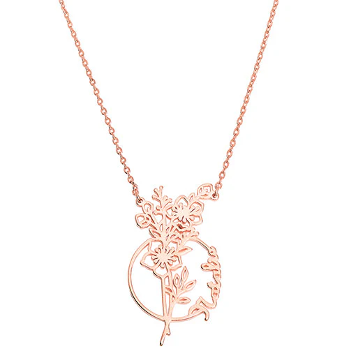 Sterling Silver Birthmonth Flower and Name Circle Necklace - Image 6