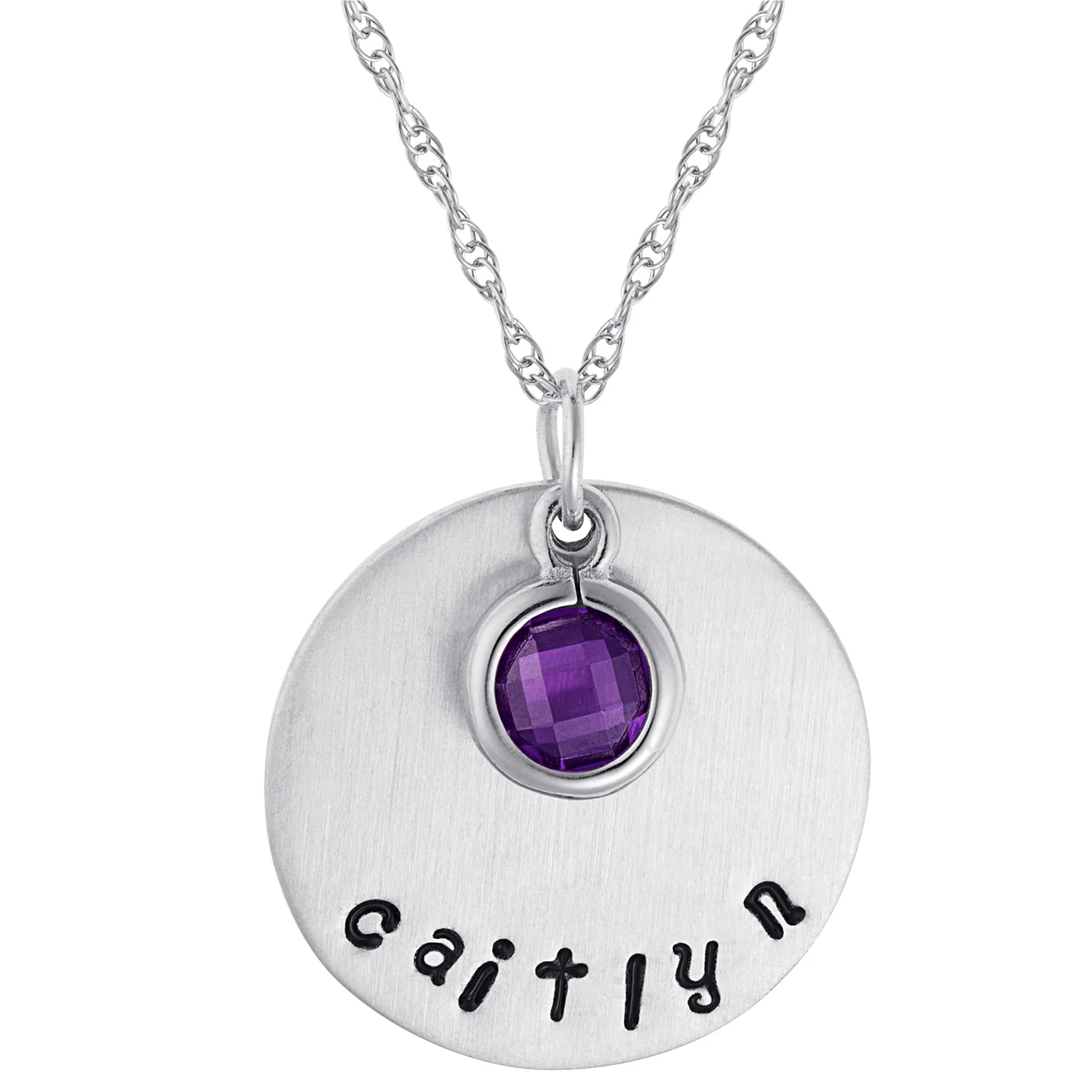 Sterling Silver Brushed Engraved Name and Birthstone Disc Pendant