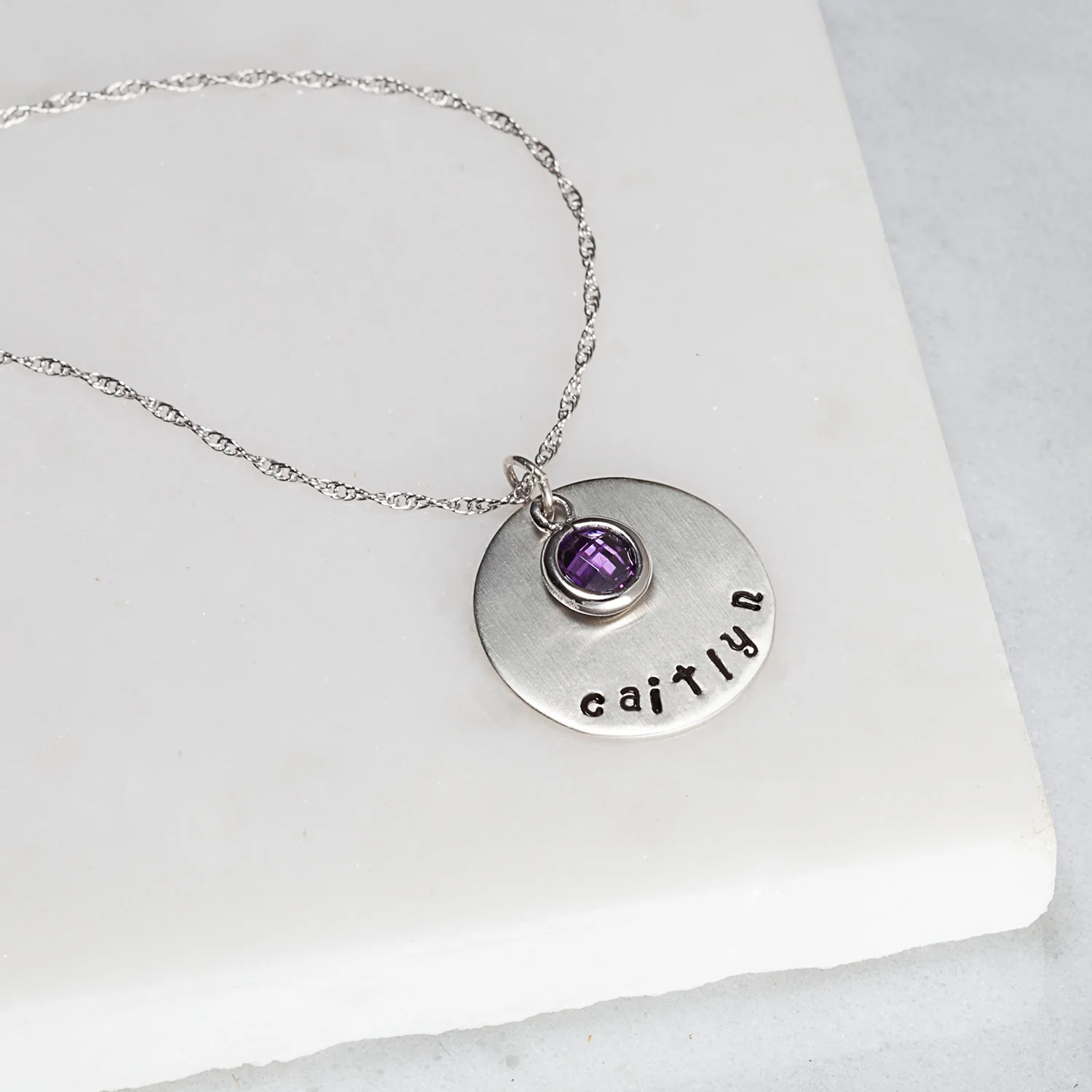Sterling Silver Brushed Engraved Name and Birthstone Disc Pendant - Image 2