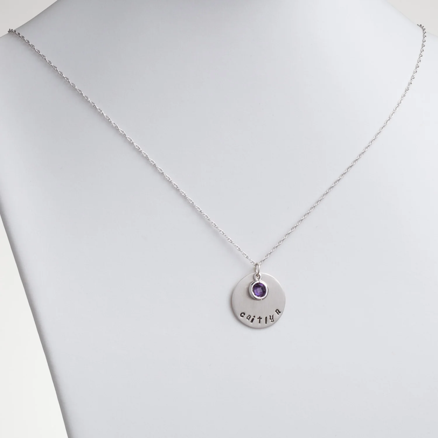 Sterling Silver Brushed Engraved Name and Birthstone Disc Pendant - Image 3