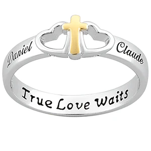 Sterling Silver Cross Heart Purity Name Ring - Image 2