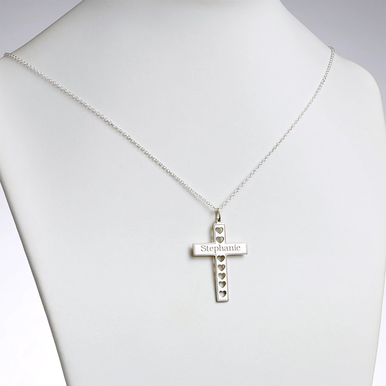 Sterling Silver Cross with Name and Cutout Hearts Necklace - Image 2