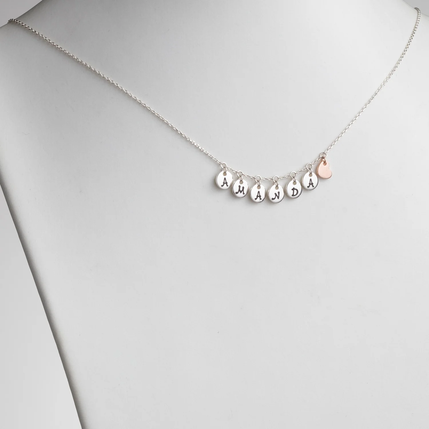 Sterling Silver Disc Name with 14K Rose Gold Plated Heart Charm Necklace - Image 2
