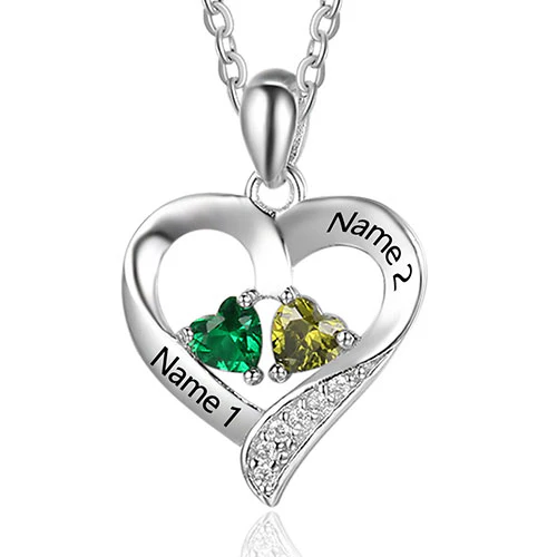 Sterling Silver Double Heart Birthstone with CZ Necklace