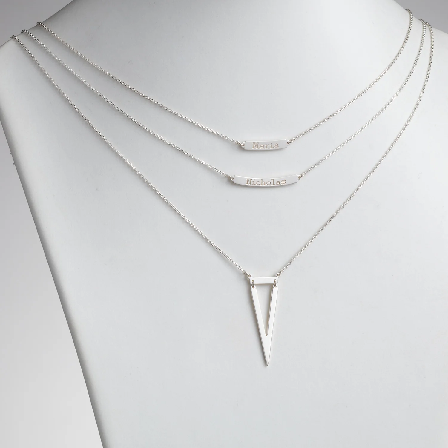 Sterling Silver Double Name Layered Necklace with Triangle - Image 2