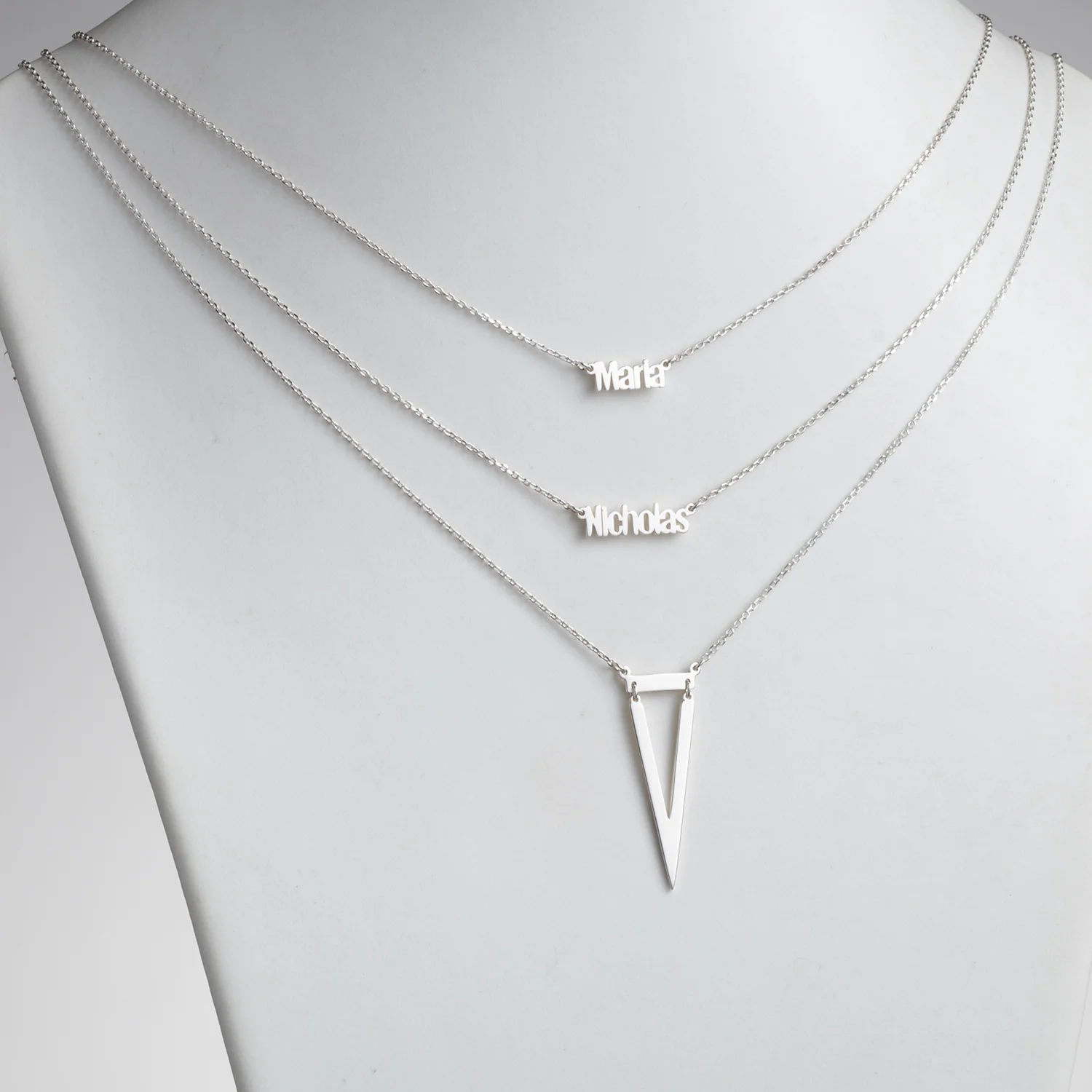 Sterling Silver Double Name Layered Necklace with Triangle - Image 2