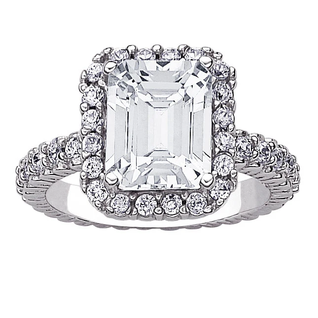 Sterling Silver Emerald-cut White Topaz and CZ Surrouond Ring